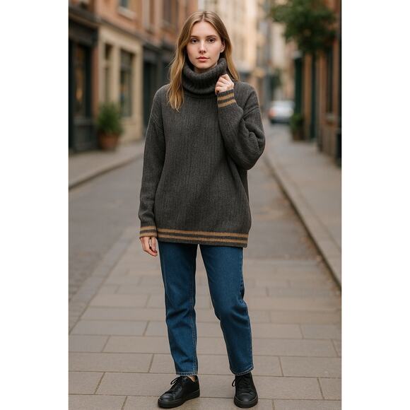 ZARA Women’s Chunky Oversized  Knit Turtleneck Sweater Gray Striped Medium - Picture 1 of 6